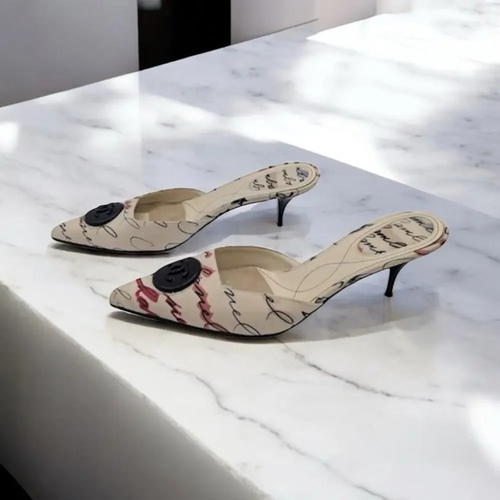 Vintage Y2K Chanel Script-Print CC Logo Women’s Mules Size 38 - Picture 1 of 15